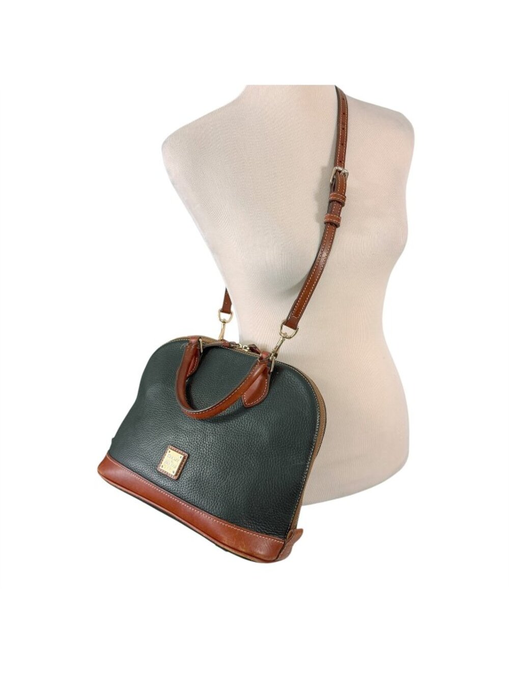 Dooney & Bourke Black Pebbled Leather Domed Purse Bag Zip Satchel Brown Trim